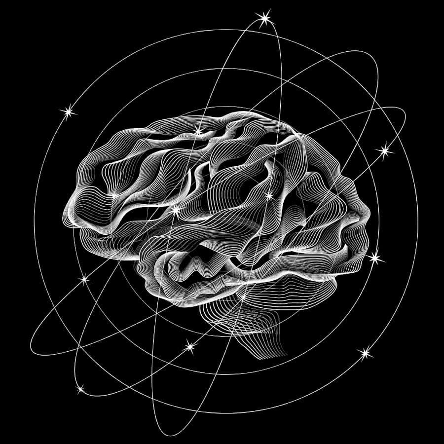 Line-art brain wrapped in orbital rings